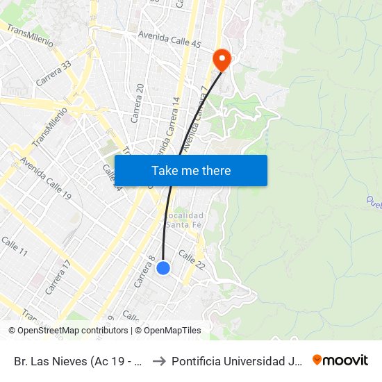 Br. Las Nieves (Ac 19 - Kr 7) (A) to Pontificia Universidad Javeriana map