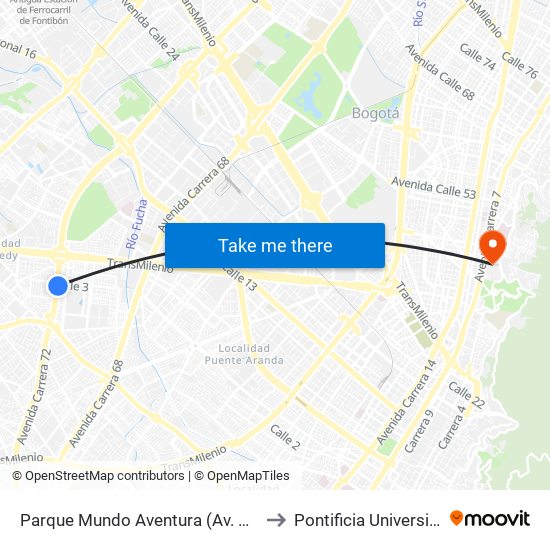 Parque Mundo Aventura (Av. Boyacá - Cl 2a Bis) (A) to Pontificia Universidad Javeriana map