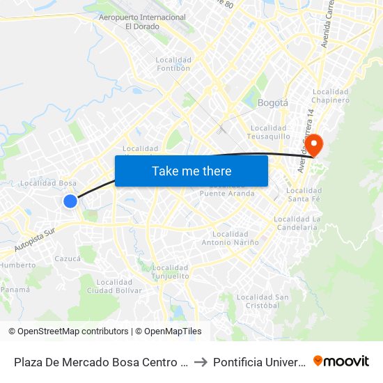 Plaza De Mercado Bosa Centro (Cl 63 Sur - Av. A. Mejía) (B) to Pontificia Universidad Javeriana map