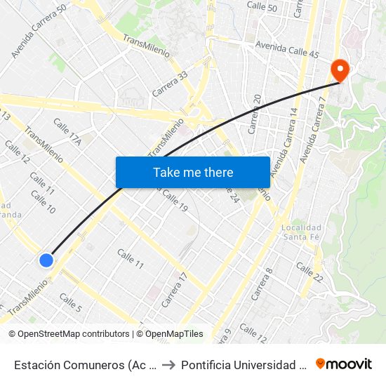 Estación Comuneros (Ac 6 - Ak 30) to Pontificia Universidad Javeriana map