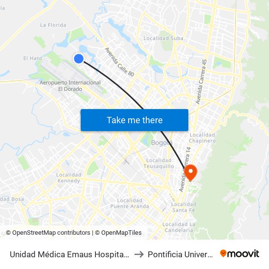 Unidad Médica Emaus Hospital Engativá (Cl 64 - Kr 121) to Pontificia Universidad Javeriana map