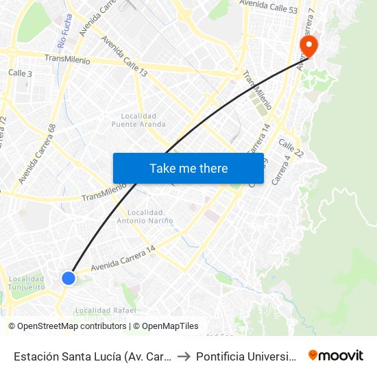 Estación Santa Lucía (Av. Caracas - Dg 45c Sur) to Pontificia Universidad Javeriana map