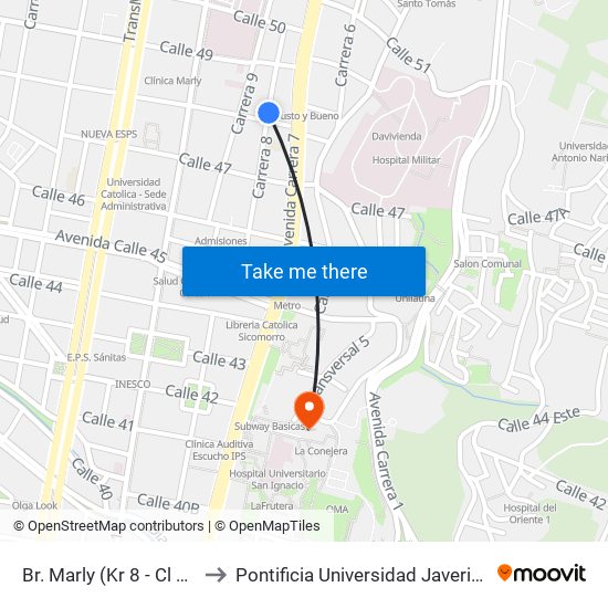 Br. Marly (Kr 8 - Cl 48) to Pontificia Universidad Javeriana map