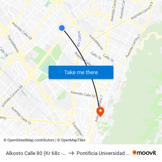 Alkosto Calle 80 (Kr 68c - Cl 73 Bis) to Pontificia Universidad Javeriana map