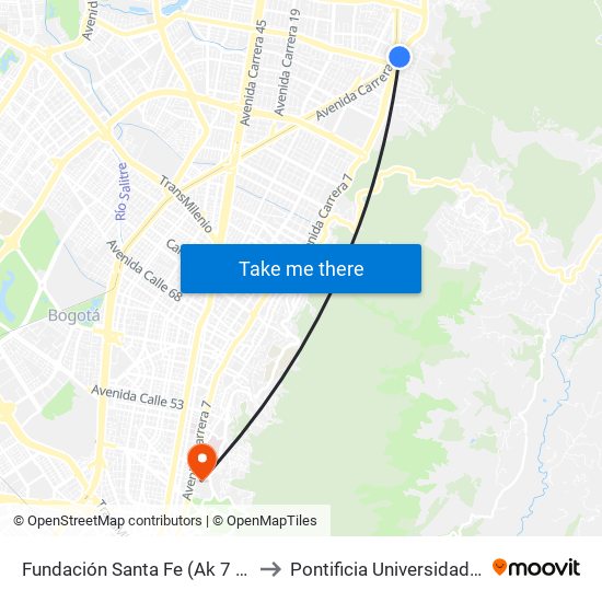 Fundación Santa Fe (Ak 7 - Cl 118) (A) to Pontificia Universidad Javeriana map