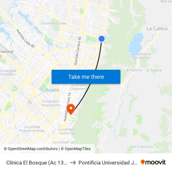 Clínica El Bosque (Ac 134 - Ak 7) to Pontificia Universidad Javeriana map