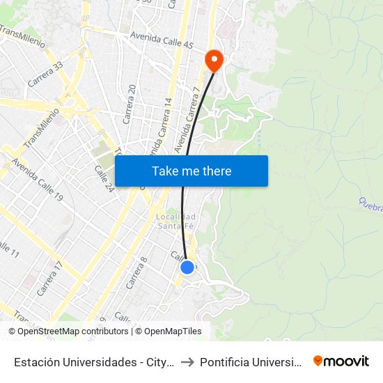 Estación Universidades - City U (Kr 3 - Cl 21) (A) to Pontificia Universidad Javeriana map