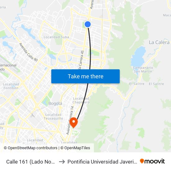 Calle 161 (Lado Norte) to Pontificia Universidad Javeriana map