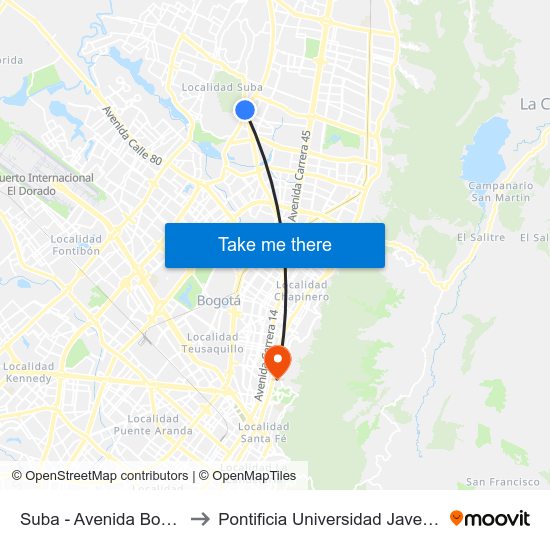 Suba - Avenida Boyacá to Pontificia Universidad Javeriana map