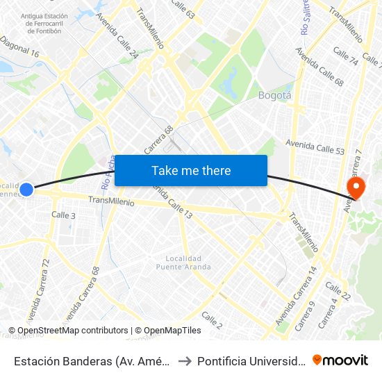 Estación Banderas (Av. Américas - Kr 78a) (B) to Pontificia Universidad Javeriana map