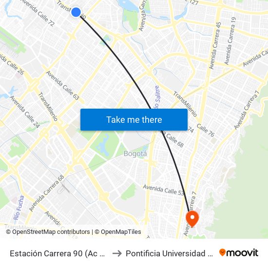 Estación Carrera 90 (Ac 80 - Kr 90) to Pontificia Universidad Javeriana map