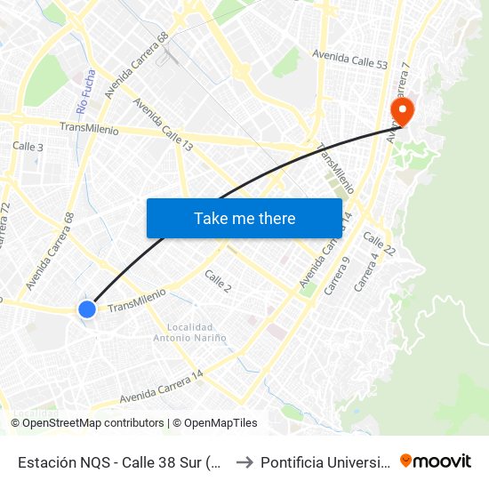 Estación NQS - Calle 38 Sur (Auto Sur - Dg 38a Sur) to Pontificia Universidad Javeriana map