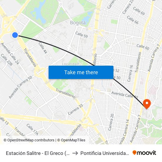 Estación Salitre - El Greco (Ac 26 - Kr 66) to Pontificia Universidad Javeriana map