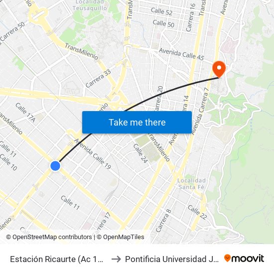 Estación Ricaurte (Ac 13 - Kr 29) to Pontificia Universidad Javeriana map