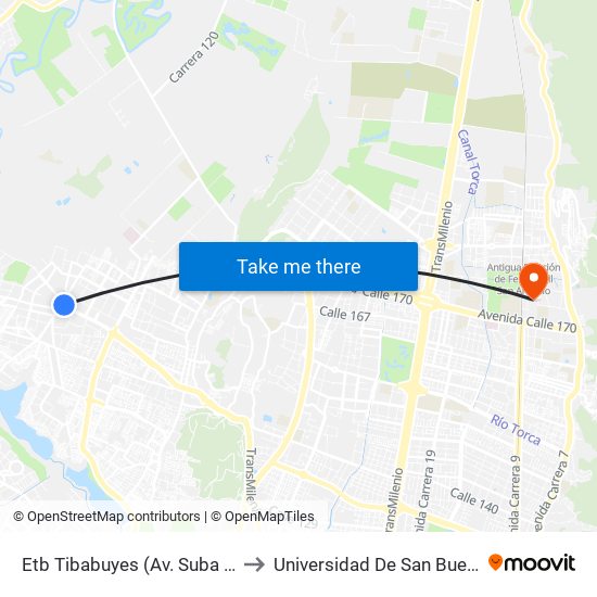 Etb Tibabuyes (Av. Suba - Kr 114g) to Universidad De San Buenaventura map