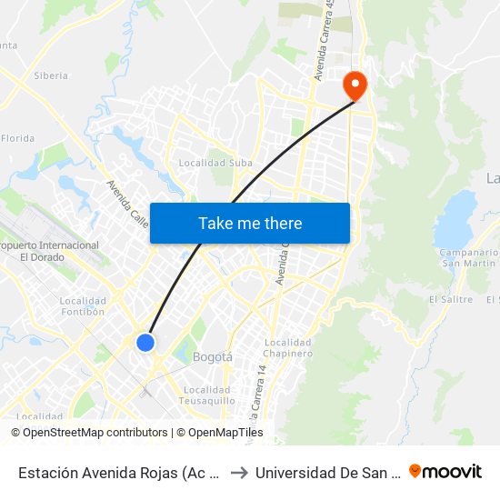 Estación Avenida Rojas (Ac 26 - Kr 69d Bis) (B) to Universidad De San Buenaventura map