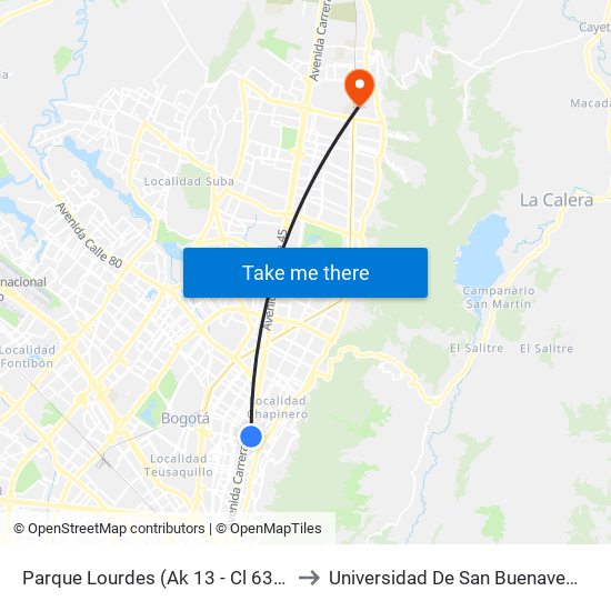 Parque Lourdes (Ak 13 - Cl 63a) (B) to Universidad De San Buenaventura map