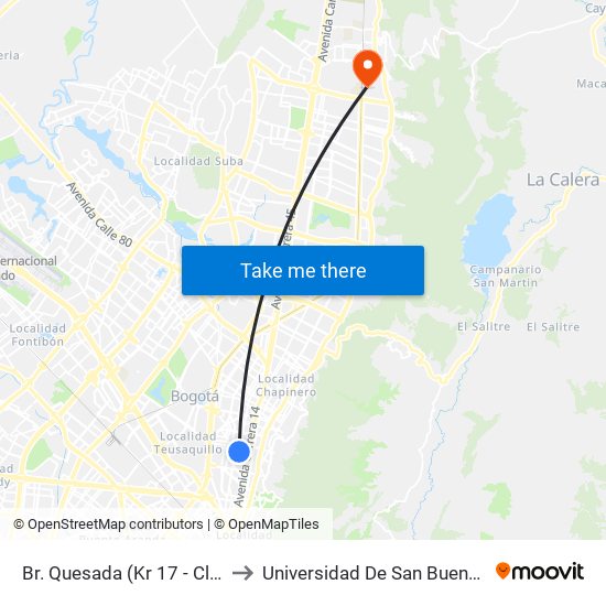 Br. Quesada (Kr 17 - Cl 51) (A) to Universidad De San Buenaventura map
