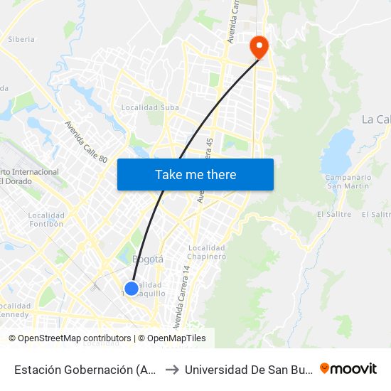 Estación Gobernación (Ak 50 - Ac 26) to Universidad De San Buenaventura map