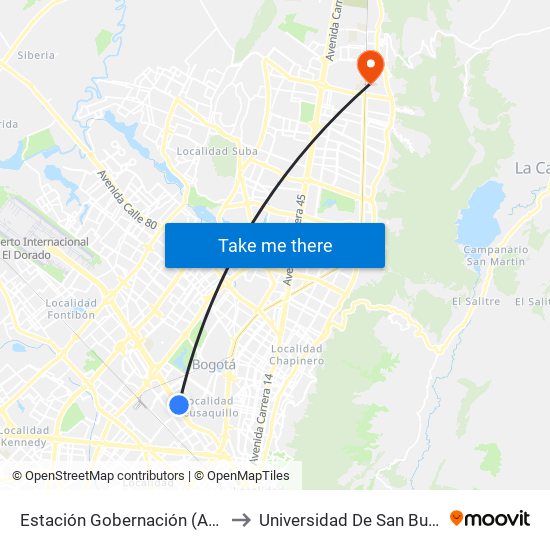 Estación Gobernación (Ac 26 - Kr 54) to Universidad De San Buenaventura map