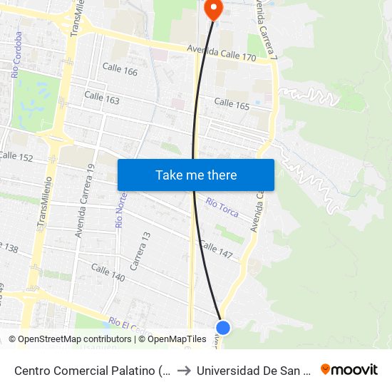 Centro Comercial Palatino (Ak 7 - Cl 138) (B) to Universidad De San Buenaventura map