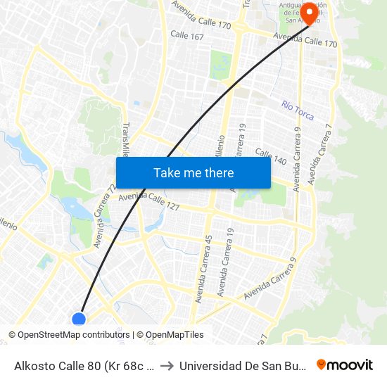 Alkosto Calle 80 (Kr 68c - Cl 73 Bis) to Universidad De San Buenaventura map