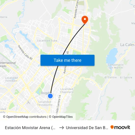 Estación Movistar Arena (Av. NQS - Cl 62) to Universidad De San Buenaventura map