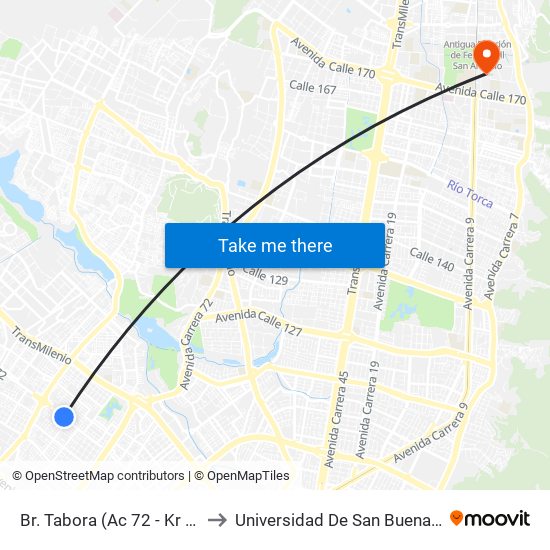 Br. Tabora (Ac 72 - Kr 80) (A) to Universidad De San Buenaventura map