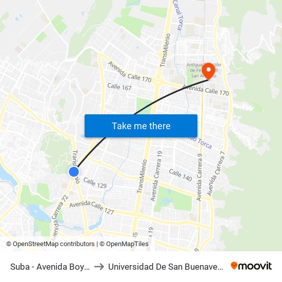 Suba - Avenida Boyacá to Universidad De San Buenaventura map