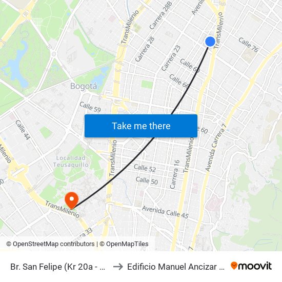 Br. San Felipe (Kr 20a - Cl 74) to Edificio Manuel Ancizar (224) map