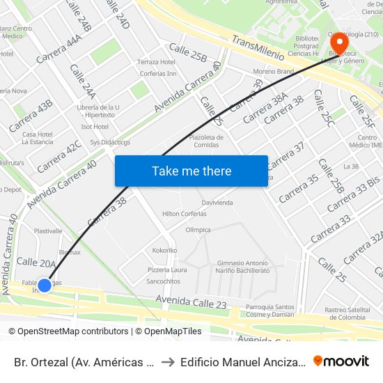 Br. Ortezal (Av. Américas - Tv 39) to Edificio Manuel Ancizar (224) map