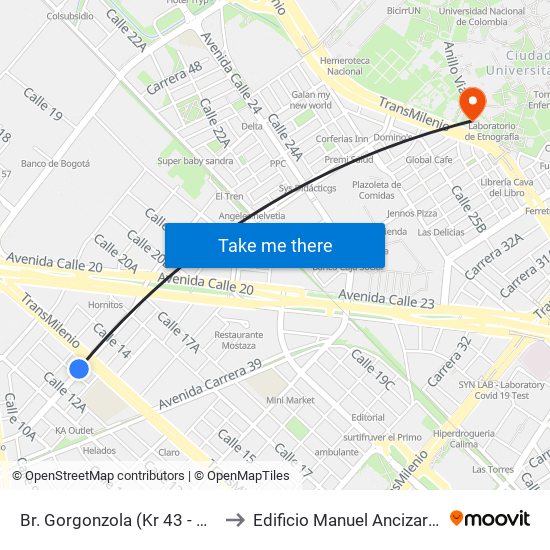 Br. Gorgonzola (Kr 43 - Cl 12b) to Edificio Manuel Ancizar (224) map