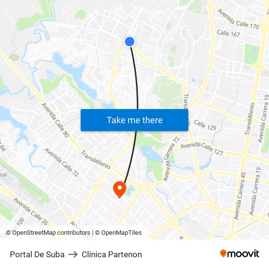 Portal De Suba to Clínica Partenon map
