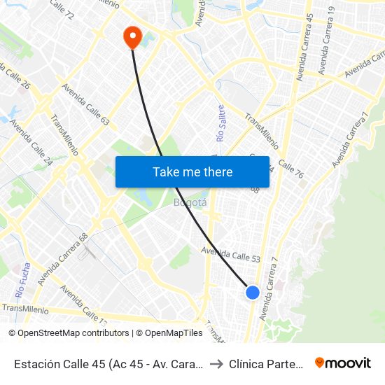 Estación Calle 45 (Ac 45 - Av. Caracas) to Clínica Partenon map