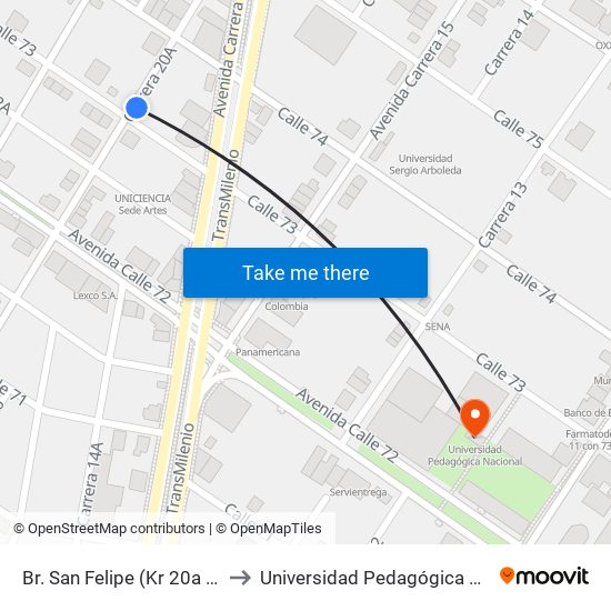 Br. San Felipe (Kr 20a - Cl 74) to Universidad Pedagógica Nacional map