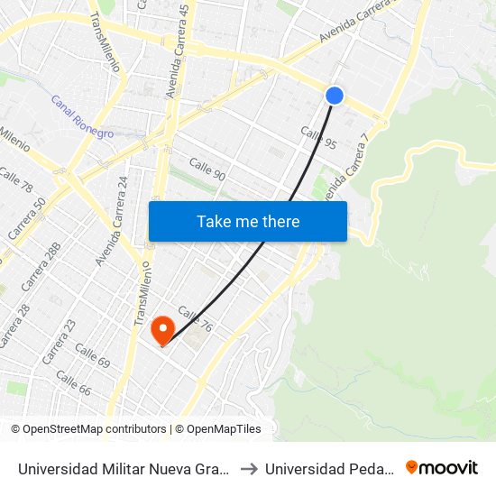 Universidad Militar Nueva Granada (Ac 100 - Kr 10) (A) to Universidad Pedagógica Nacional map