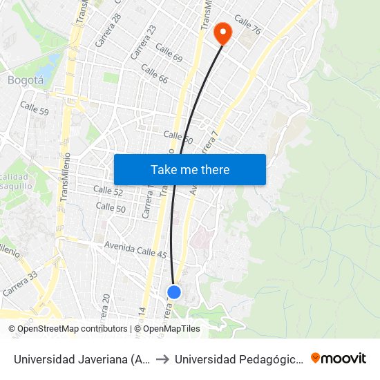 Universidad Javeriana (Ak 7 - Cl 40) to Universidad Pedagógica Nacional map