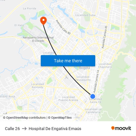 Calle 26 to Hospital De Engativá Emaús map