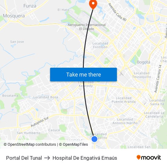 Portal Del Tunal to Hospital De Engativá Emaús map