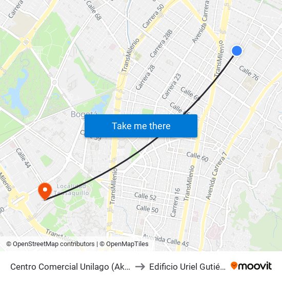 Centro Comercial Unilago (Ak 15 - Cl 79) (A) to Edificio Uriel Gutiérrez (861) map