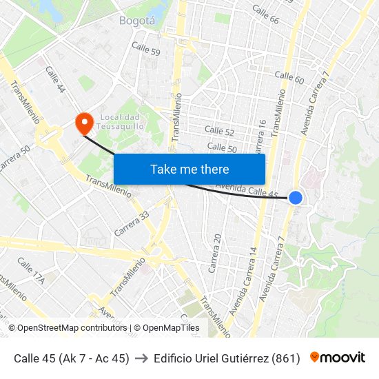 Calle 45 (Ak 7 - Ac 45) to Edificio Uriel Gutiérrez (861) map