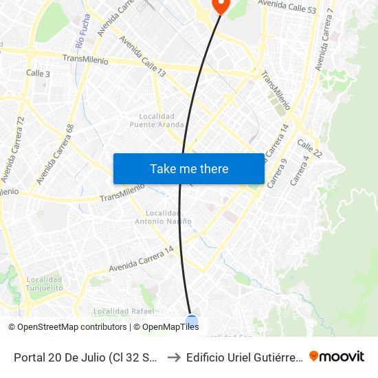 Portal 20 De Julio (Cl 32 Sur - Kr 3f) to Edificio Uriel Gutiérrez (861) map