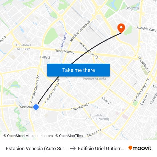 Estación Venecia (Auto Sur - Kr 54a) to Edificio Uriel Gutiérrez (861) map