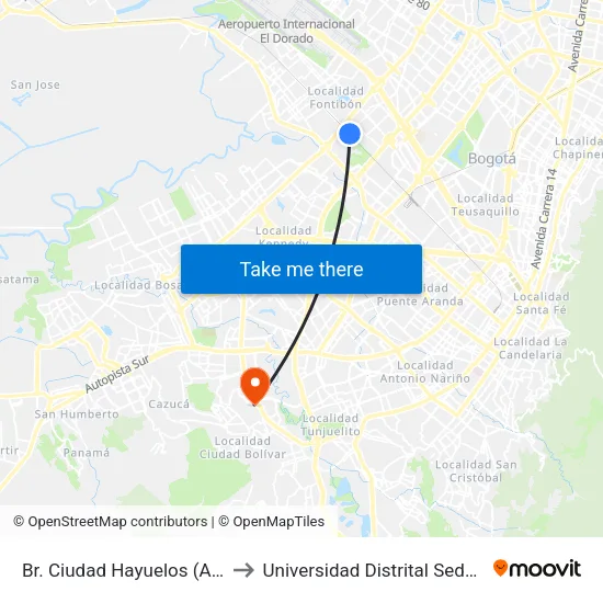 Br. Ciudad Hayuelos (Ac 22 - Kr 81) to Universidad Distrital Sede Tecnológica map