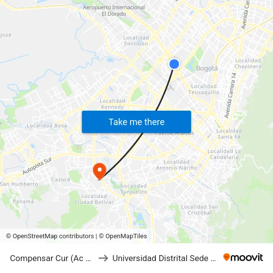 Compensar Cur (Ac 26 - Kr 69) to Universidad Distrital Sede Tecnológica map