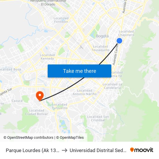 Parque Lourdes (Ak 13 - Cl 63a) (B) to Universidad Distrital Sede Tecnológica map