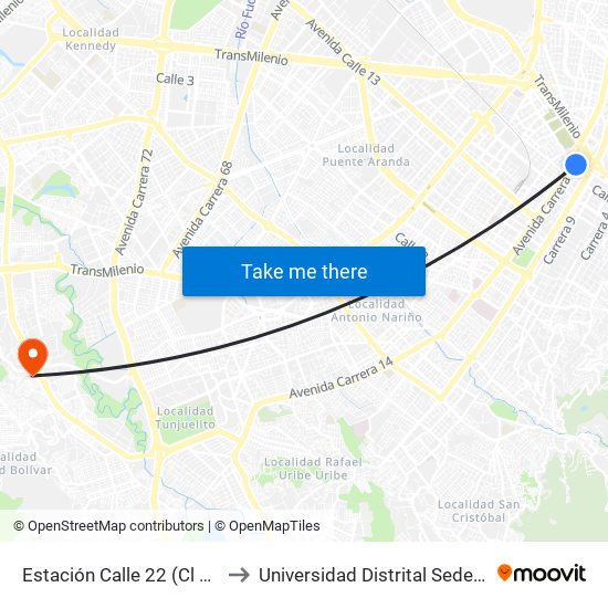 Estación Calle 22 (Cl 24 - Kr 13a) to Universidad Distrital Sede Tecnológica map