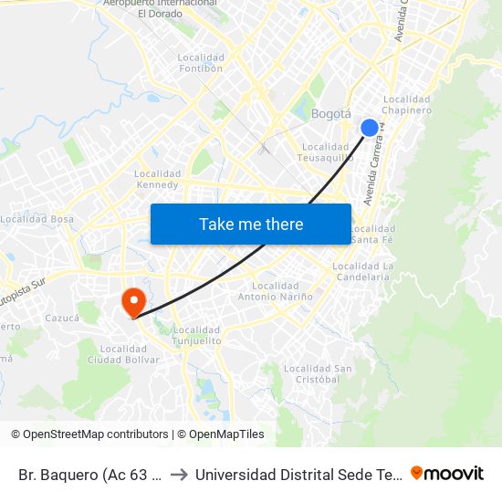 Br. Baquero (Ac 63 - Kr 19) to Universidad Distrital Sede Tecnológica map