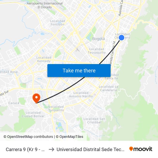 Carrera 9 (Kr 9 - Cl 73) to Universidad Distrital Sede Tecnológica map