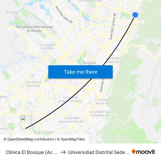 Clínica El Bosque (Ac 134 - Ak 7) to Universidad Distrital Sede Tecnológica map